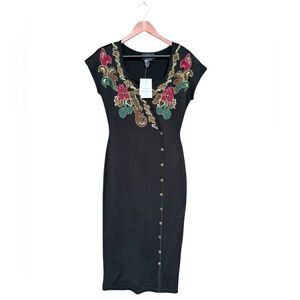 NWT VTG Carole Little Dress Large Black Wool Blend Floral Embroidery Button